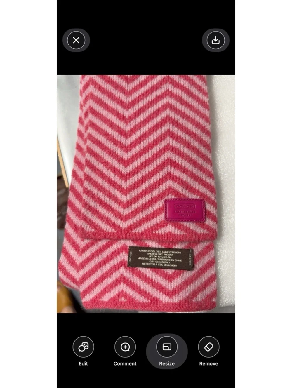 Coach Pink Chevron Lambswool Angora Blend Scarf Leather Logo